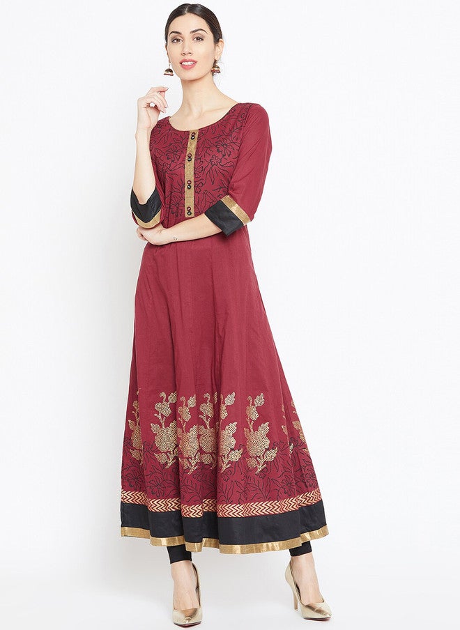 WineRed Maroon Printed Anarkali Kurta for Women - Image 1