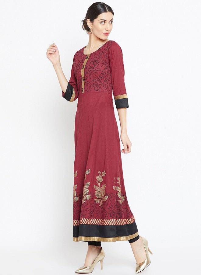 WineRed Maroon Printed Anarkali Kurta for Women - Image 4