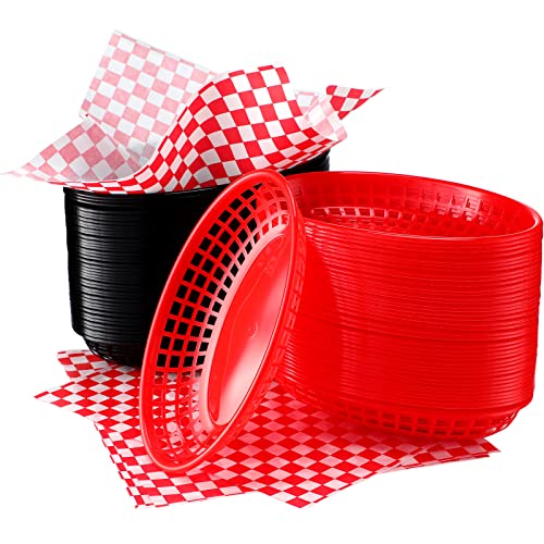 Potchen 80 Pcs Plastic Fast Food Basket with 200 Liners for Serving Hot Dog Baskets and Liners for Summer Birthday Party Serving Baskets Snack Paper for Food Hot Dog