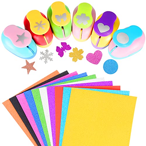Echolife 6 Pieces Craft Hole Punches with 10 Glitter Cardstock Paper, Handmade Paper Punch Set Different Shapes for DIY Arts Crafting Scrapbooking Random Color - Image 1