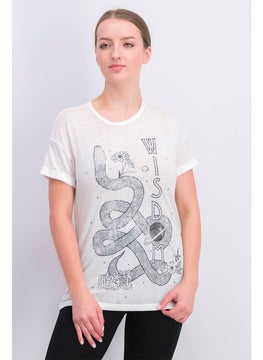 Women Round Neck Short Sleeve Graphic T-shirt, White