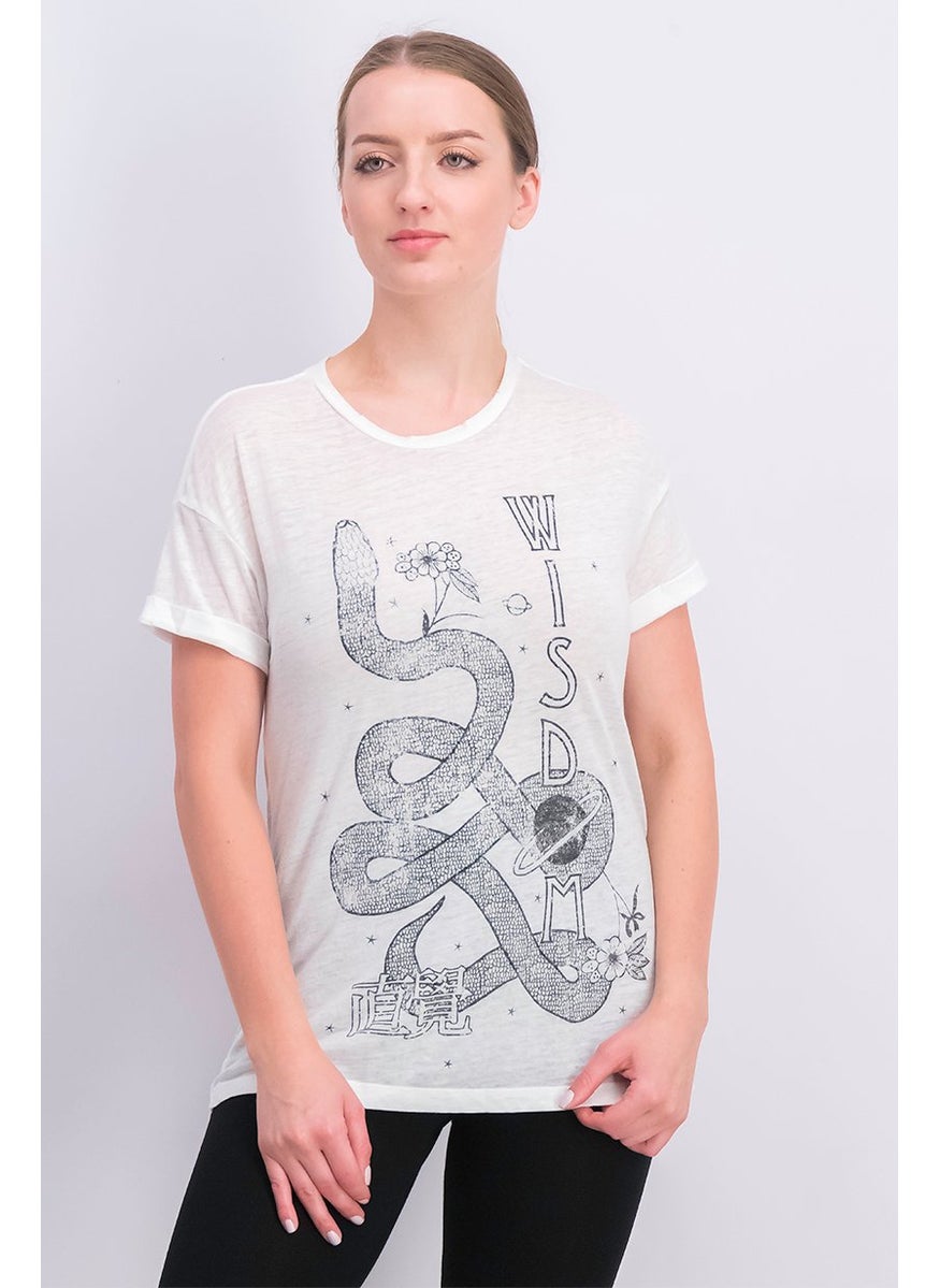Stradivarius - Women Round Neck Short Sleeve Graphic T-shirt, White - Image 1