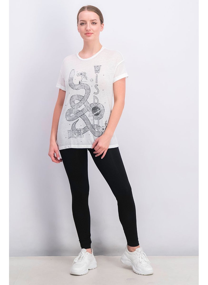Stradivarius - Women Round Neck Short Sleeve Graphic T-shirt, White - Image 1