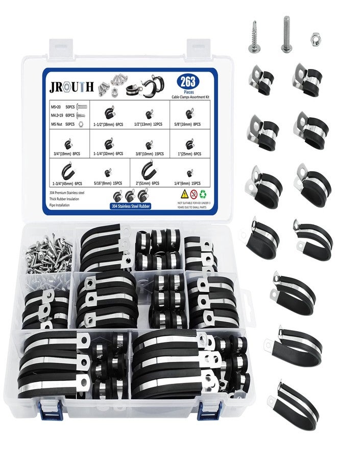 JROUTH 263PCS Cable Clamps Assortment Kit, 11 Sizes 304 Stainless Steel Rubber Insulated Cushioned Pipe Clamp 1/4" 5/16" 3/8" 1/2" 5/8" 3/4" 1" 1-1/4" 1-1/2" 1-3/4" 2", Automotive Wire Clamps - Image 1