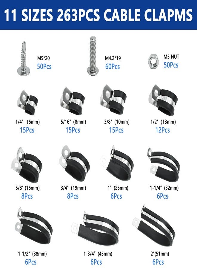JROUTH 263PCS Cable Clamps Assortment Kit, 11 Sizes 304 Stainless Steel Rubber Insulated Cushioned Pipe Clamp 1/4" 5/16" 3/8" 1/2" 5/8" 3/4" 1" 1-1/4" 1-1/2" 1-3/4" 2", Automotive Wire Clamps - Image 2