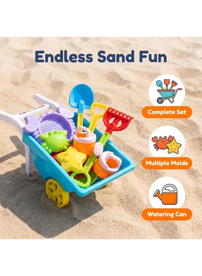 EASY FUTURE Beach Sand Toys Set Two Wheel Hand Cart Complete Sand Toys Digging Shovel Rake Animal Molds Sieve Watering Can Smooth Edge Outdoor Backyard Sandbox Pretend Construction Play Kit NO.1905 - Image 3