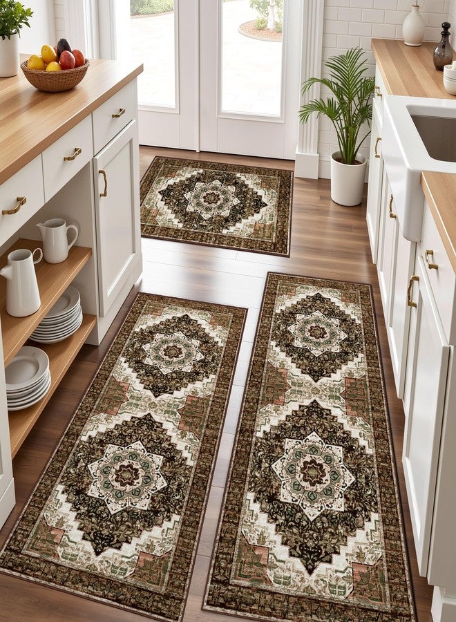 Tritard Non Slip Kitchen Rugs Sets of 3 Washable Boho Kitchen Mats for Floor Vintage Farmhouse Kitchen Rug Soft Runner Rug for Hallway, Laundry Room, Indoor Entryway, 24"x32"+24"x48"+24"x59", Brown - Image 1