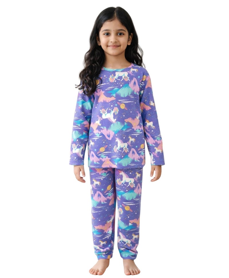 ANTHRILO Pure Cotton Printed Pyjama Set for Girls | Sleepwear | Night Suit, Night Wear | Long Sleeves T-Shirt & Pyjama | Regular Wear | 9-10 Years | Purple - Image 1