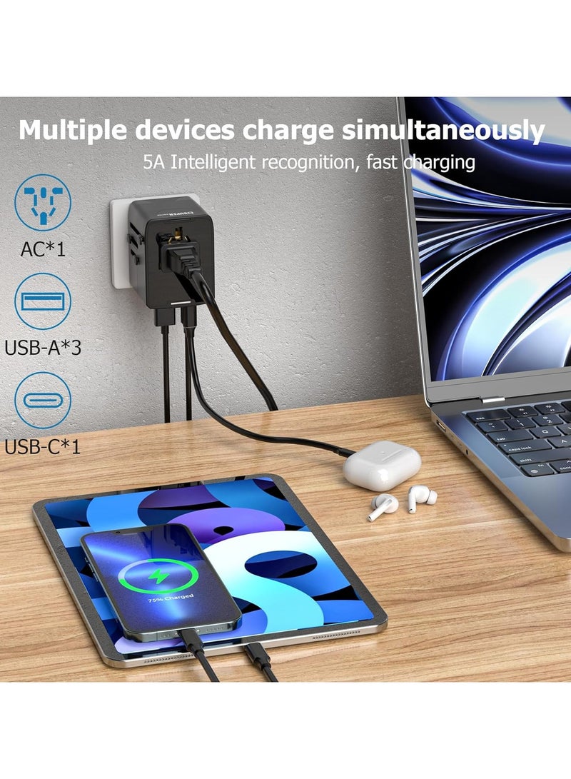 فلوينغ محول الطاقة العالمي للسفر، شاحن دولي مع 3 منافذ USB و1 شاحن جداري Type-C ومخرج تيار متردد عالمي لأوروبا والولايات المتحدة والمملكة المتحدة وأستراليا وآسيا - Image 3
