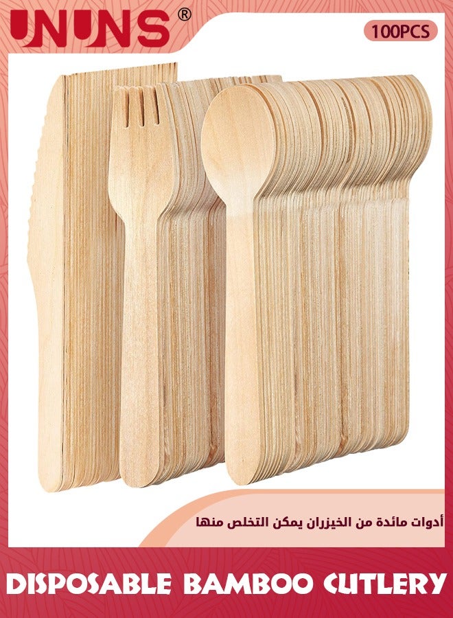 UNUNS Wooden Compostable Utensils Set,100 Pieces (40 Forks 30 Spoons 30 Knives),Sturdy Wood Disposable Cutlery,Eco-Friendly Biodegradable Utensils For Party,Free From Plastic Cutlery Set For Eating - Image 1
