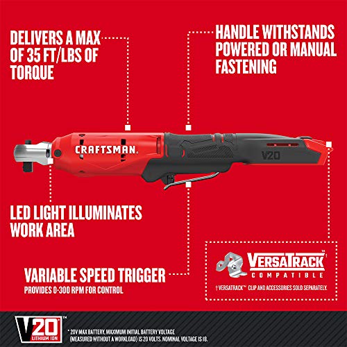 CRAFTSMAN V20 Cordless Ratchet Wrench, 3/8 inch Drive, 300 RPM, up to 35 ft-lbs of Torque, Bare Tool Only (CMCF930B) - Image 2