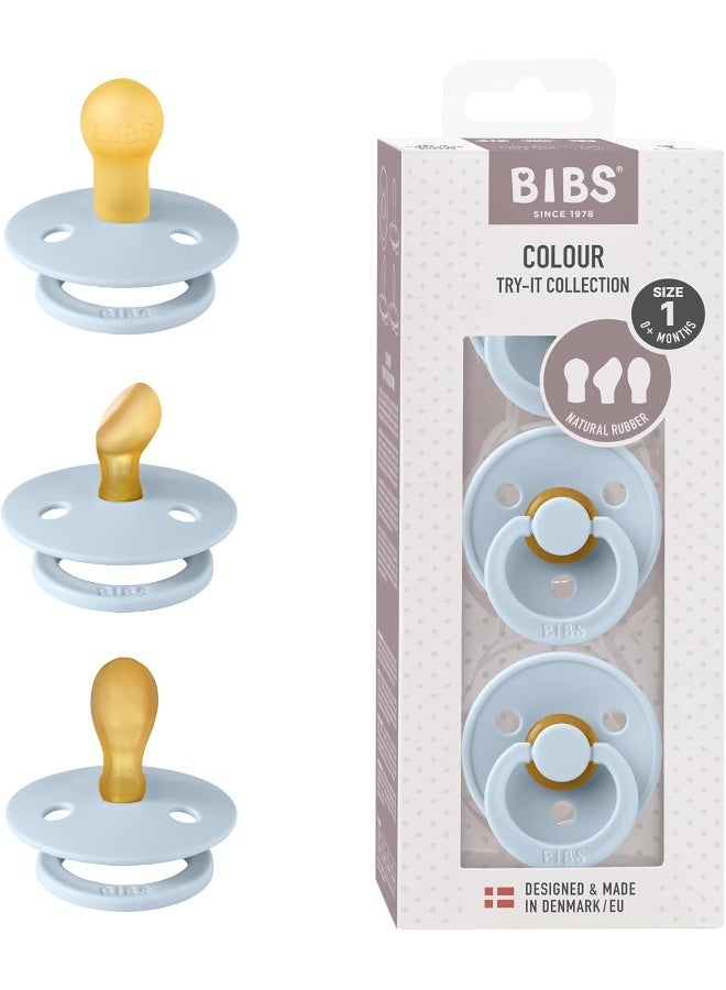 BIBS مجموعة بيبس كولور تري-إت: 3 مصاصات لاحتياجات طفلك الفريدة، حلمة دائرية، متناظرة وتشريحية من اللاتكس الطبيعي، 0+ أشهر (عبوة من 3)، أزرق فاتح - Image 1