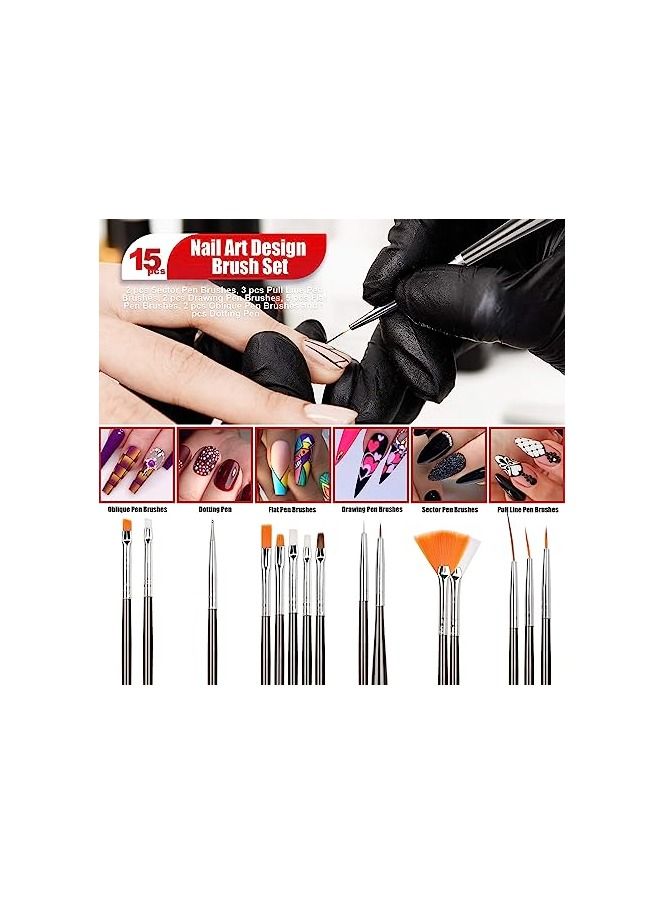 أوريتي أداة فن الأظافر ختم المراهقين مع 15 قطعة من فرش طلاء الأظافر، أداة نقطة الأظافر، رقائق الأظافر، شريط مانيكير، أحجار الراين الملونة للأظافر-أسود - Image 3