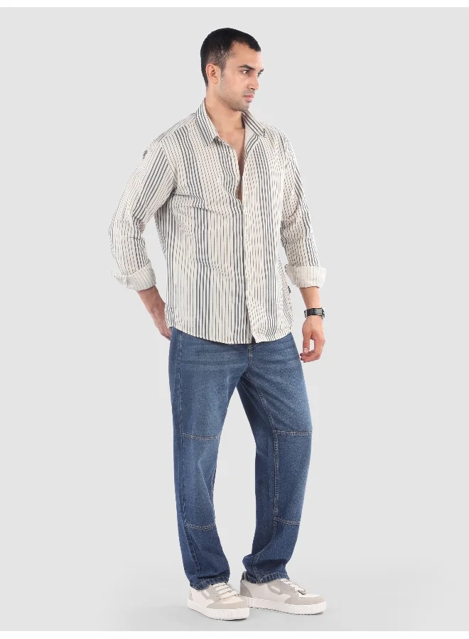 Beyoung Navy Cotton Stripe Shirt