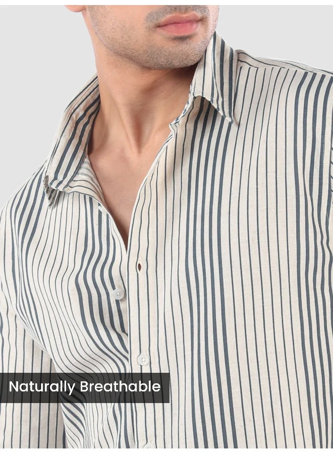 Beyoung Navy Cotton Stripe Shirt