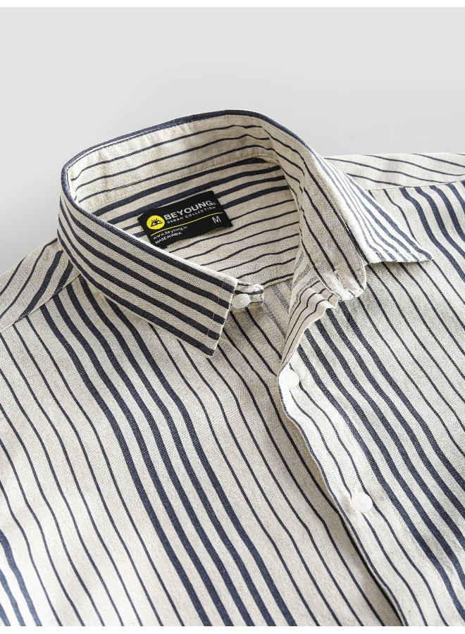 Beyoung Navy Cotton Stripe Shirt