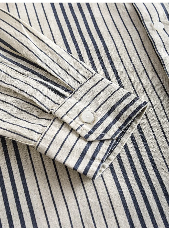 Beyoung Navy Cotton Stripe Shirt