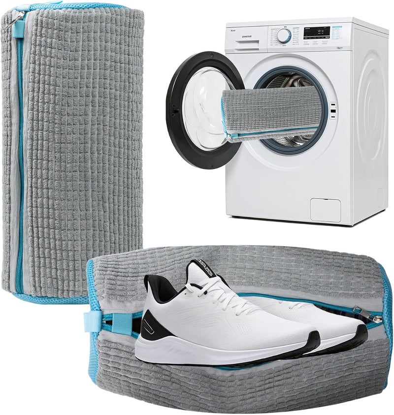 Yuoyar Shoe Washing Machine Bag - Fluffy Fibers Shoe Laundry Bag for Washer and Dryer - Adjustable Shoe Bag for Washing Machine (1, Grey and Blue) - Image 1