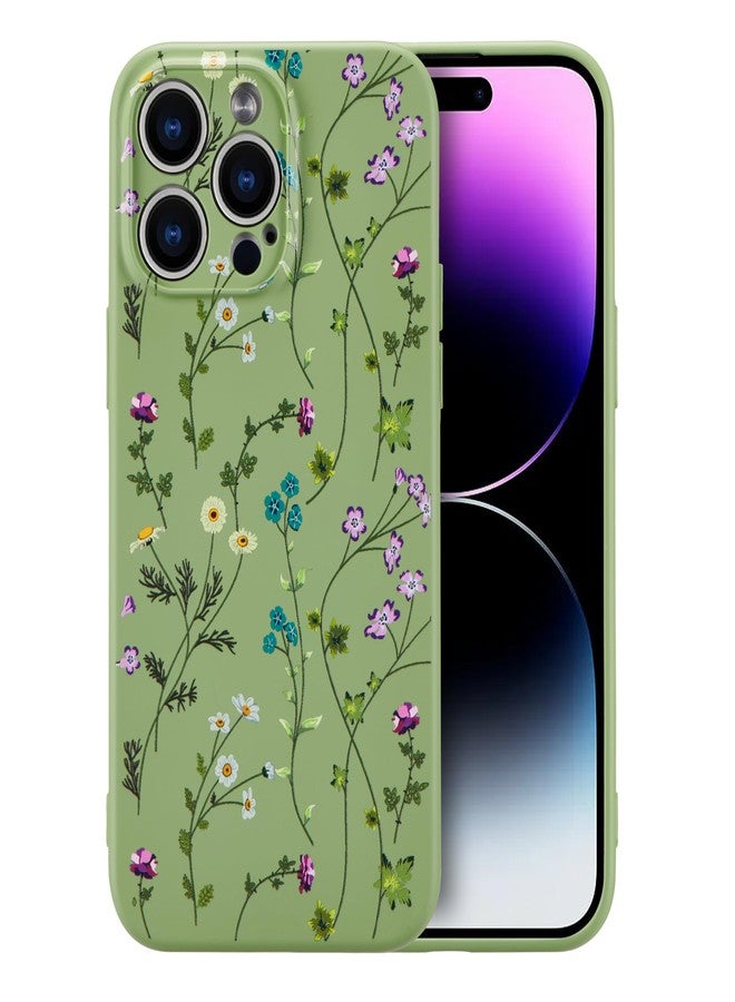 RALEAVO جراب RALEAVO بتصميم زهور لهاتف iPhone 14 Pro Max، غطاء حماية من السيليكون السائل المقاوم للصدمات، مناسب للفتيات والسيدات، بنقوش زهور لطيفة وجميلة، جراب هاتف ناعم ونحيف لهاتف iPhone 14 Pro Max مقاس 6.7 بوصة - أخضر - Image 1