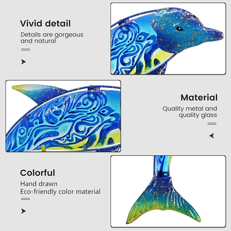 John's Studio Store Dolphin Wall Decor Outdoor Metal FIsh Sea Hanging Art Glass Sculptures Home Ocean Theme Decorations for Living Room, Bedroom, Yard, Fence and Patio - 17.5 Inches - Image 2