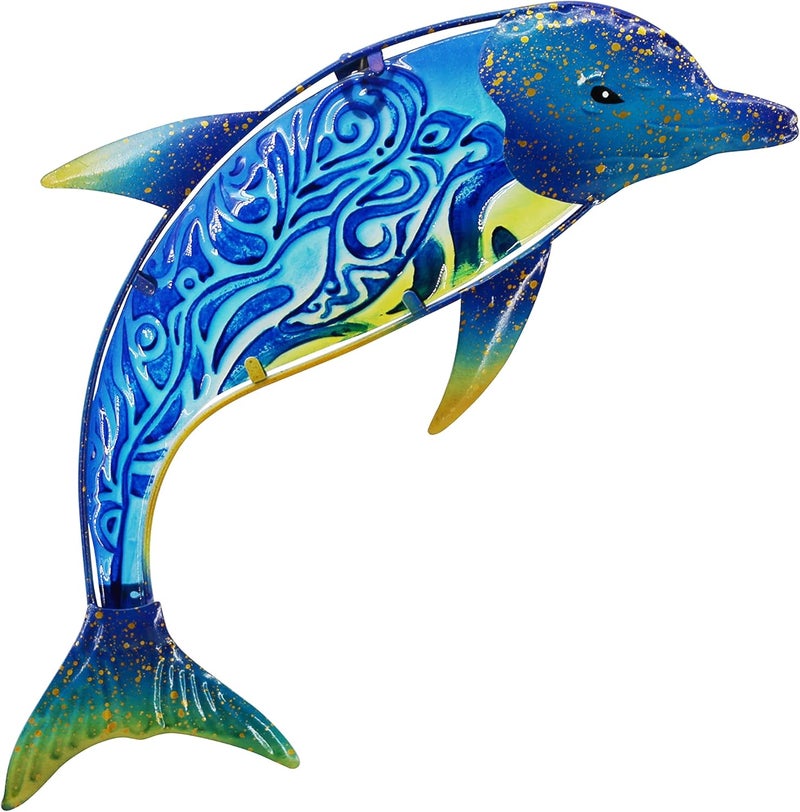 John's Studio Store Dolphin Wall Decor Outdoor Metal FIsh Sea Hanging Art Glass Sculptures Home Ocean Theme Decorations for Living Room, Bedroom, Yard, Fence and Patio - 17.5 Inches - Image 1