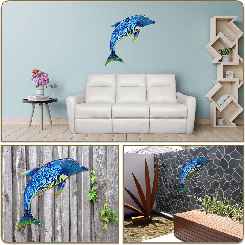 John's Studio Store Dolphin Wall Decor Outdoor Metal FIsh Sea Hanging Art Glass Sculptures Home Ocean Theme Decorations for Living Room, Bedroom, Yard, Fence and Patio - 17.5 Inches - Image 4