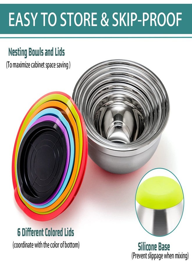 P&P CHEF Mixing Bowls With Lids, Set of 6, Stainless Steel Nesting Mixing Bowls & Fitting Lids & Non-Slip Silicone Bottom, Ideal for Mixing, Storing, Size 0.7/1/1.5/2.5/3/4.6 Qt, Multicolor - Image 2