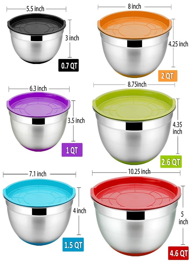 P&P CHEF Mixing Bowls With Lids, Set of 6, Stainless Steel Nesting Mixing Bowls & Fitting Lids & Non-Slip Silicone Bottom, Ideal for Mixing, Storing, Size 0.7/1/1.5/2.5/3/4.6 Qt, Multicolor - Image 3
