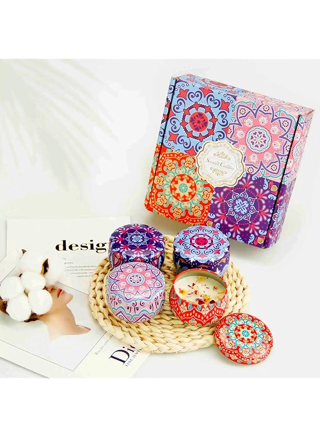 Green Tiger Luxury Scented Candles Gift Set, 4 Decorative Tins with Mandala Design, Boho Style Storage Box - Image 1