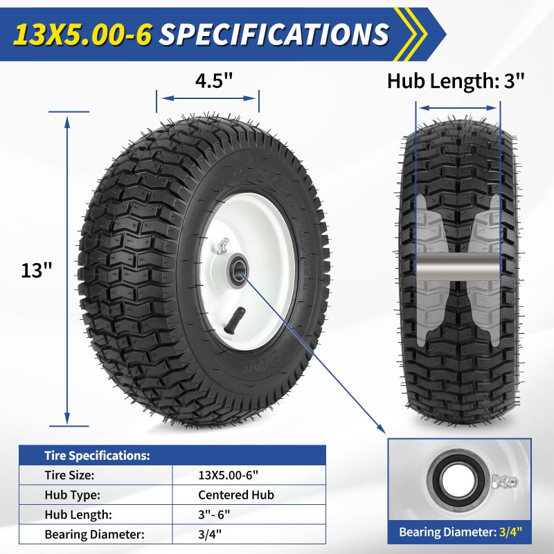 GICOOL 13x5.00-6 Rubber Lawn Mower Tire and Wheel, 2 Pcs Replacement 13x5-6nhs Riding Mowers Lawn Pneumatic Tire with Bearing Bore 3/4" & 5/8", 3" -4.5" Centered Hub - Image 2