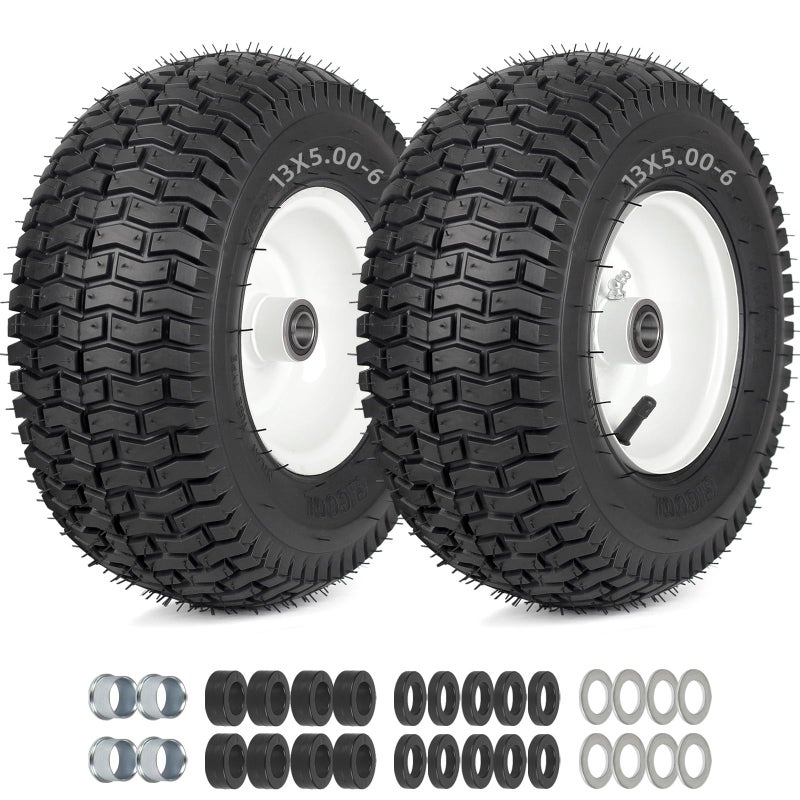 GICOOL 13x5.00-6 Rubber Lawn Mower Tire and Wheel, 2 Pcs Replacement 13x5-6nhs Riding Mowers Lawn Pneumatic Tire with Bearing Bore 3/4" & 5/8", 3" -4.5" Centered Hub - Image 1