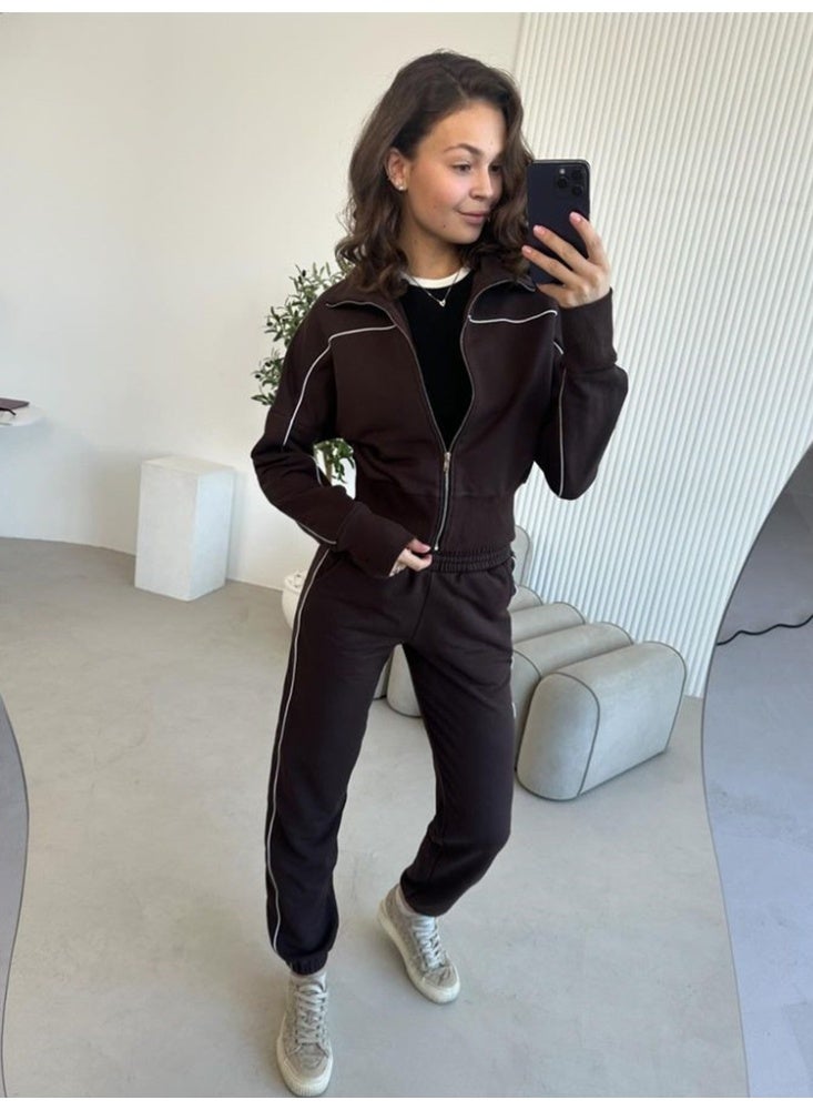 NIBEMINENT Fashion Trouser Set Women Zipper Stand Collar Long Sleeve Coat High Waist Straight Pants Fall Winter Lady Sports Suit - Image 2
