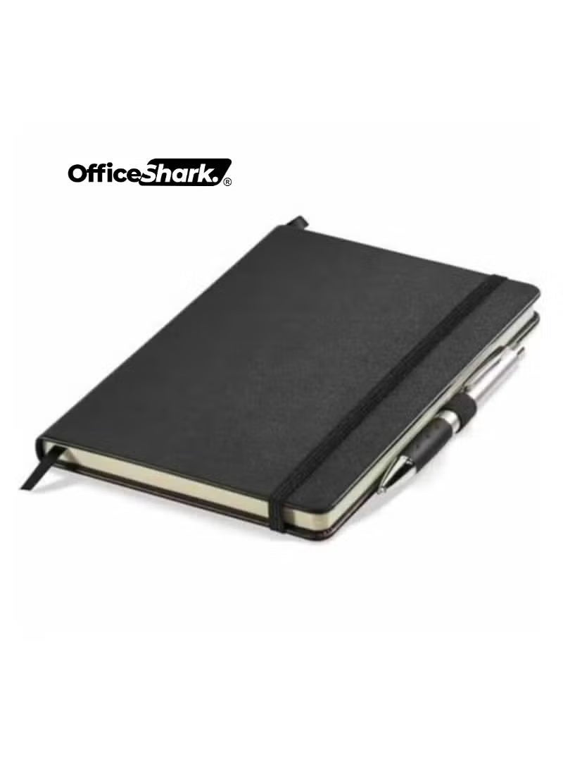 OFFICE SHARK دفتر ملاحظات مغلف A5 غلاف صلب تنفيذي - دفتر جلد صناعي أسود مع صفحات مسطرة | شريط مرن - دفتر كتابة متين للمكتب | المدرسة، الأعمال | والاستخدام الشخصي عبوة من 1 (أسود) - Image 1