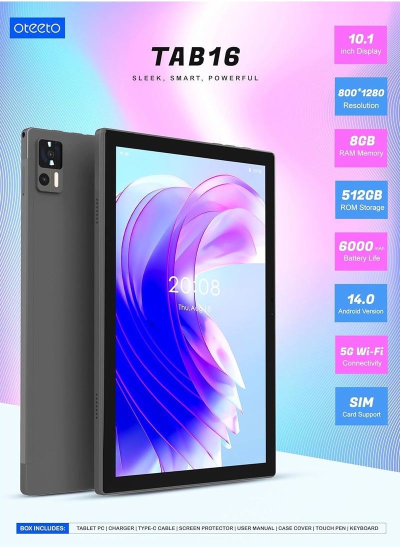 Oteeto TAB 16 tablet/10.1 Inch IPS LCD/Octa Core 2.0GHz/Android 14/4G Connectivity/6000 mah battery/12GB + 512 GB/8 Mp front + 13 Mp rear camera/keyboard/touch pen (Gray)  - Image 2