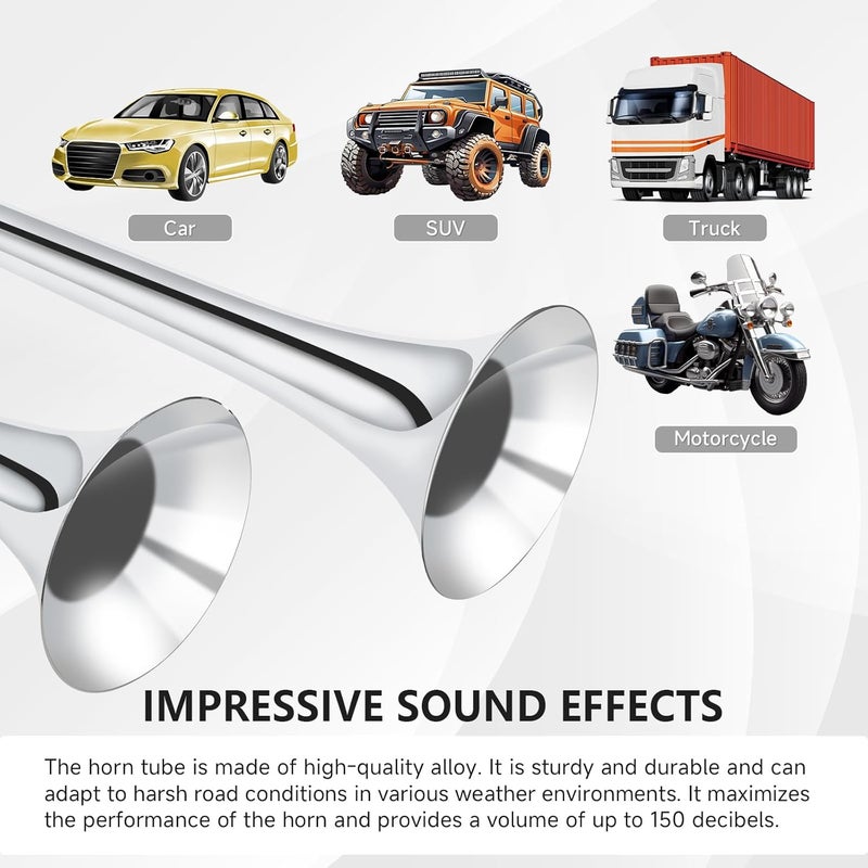 Banhao 150DB Air Train Horn Kit for Car - Super Loud Twin Tone Chrome Plated Zinc Dual Trumpet with Compressor for 12V Vehicles - Image 4