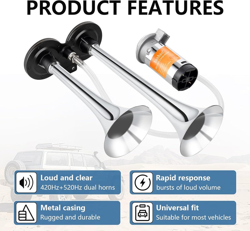Banhao 150DB Air Train Horn Kit for Car - Super Loud Twin Tone Chrome Plated Zinc Dual Trumpet with Compressor for 12V Vehicles - Image 2