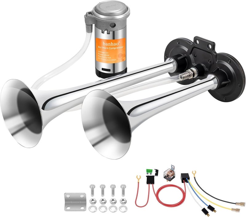 Banhao 150DB Air Train Horn Kit for Car - Super Loud Twin Tone Chrome Plated Zinc Dual Trumpet with Compressor for 12V Vehicles - Image 1