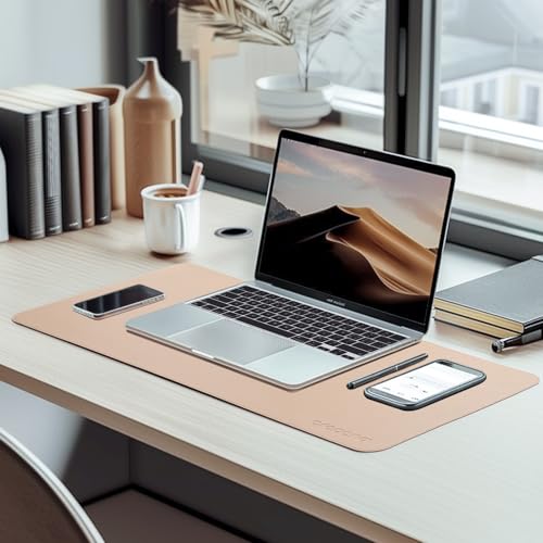 AROPANA Vegan Leather Desk Mat | Large Reversible Mouse Pad & Computer Table Protector | Dual-Side Waterproof Extended Laptop Pad with Edge-Stitched Design (60x35CM, Apricot and Orange) - Image 3