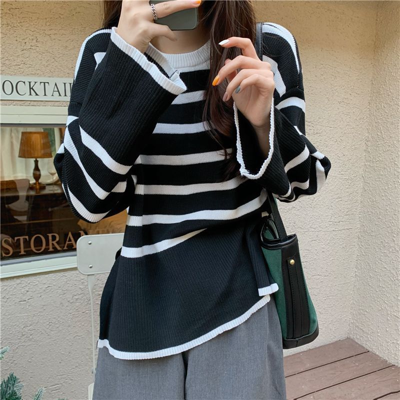 Autumn Striped Slim Sweater Women Retro Knit Top Apricot stripes - Image 4