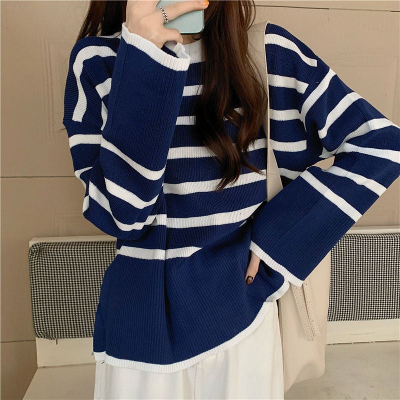 Autumn Striped Slim Sweater Women Retro Knit Top Apricot stripes - Image 2