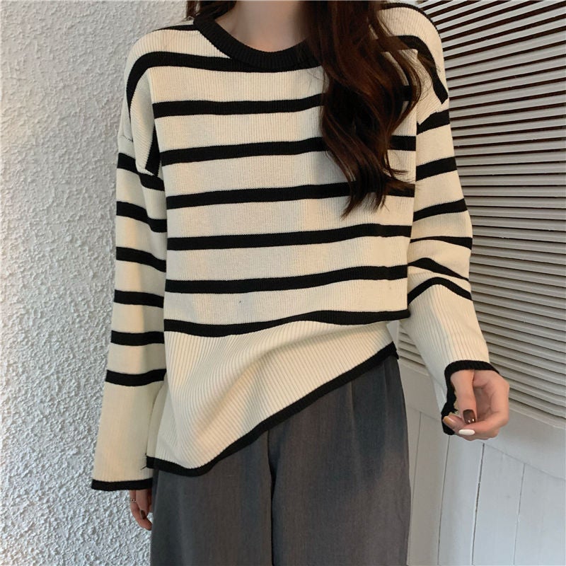 Autumn Striped Slim Sweater Women Retro Knit Top Apricot stripes - Image 1