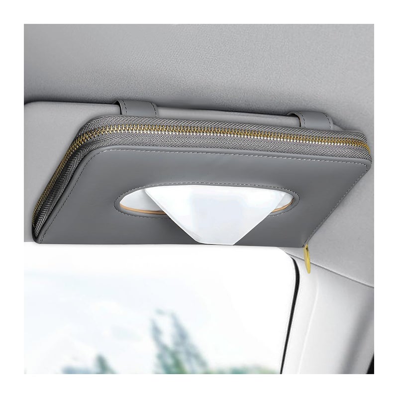 BWBWND Car Tissue Holder Sun Visor Napkin Box Premium PU Leather Tissue Case with Zipper Rectangular Hanging Paper Organizer Mask Dispenser for Sedans SUVs Trucks Car Accessories Gray - Image 3