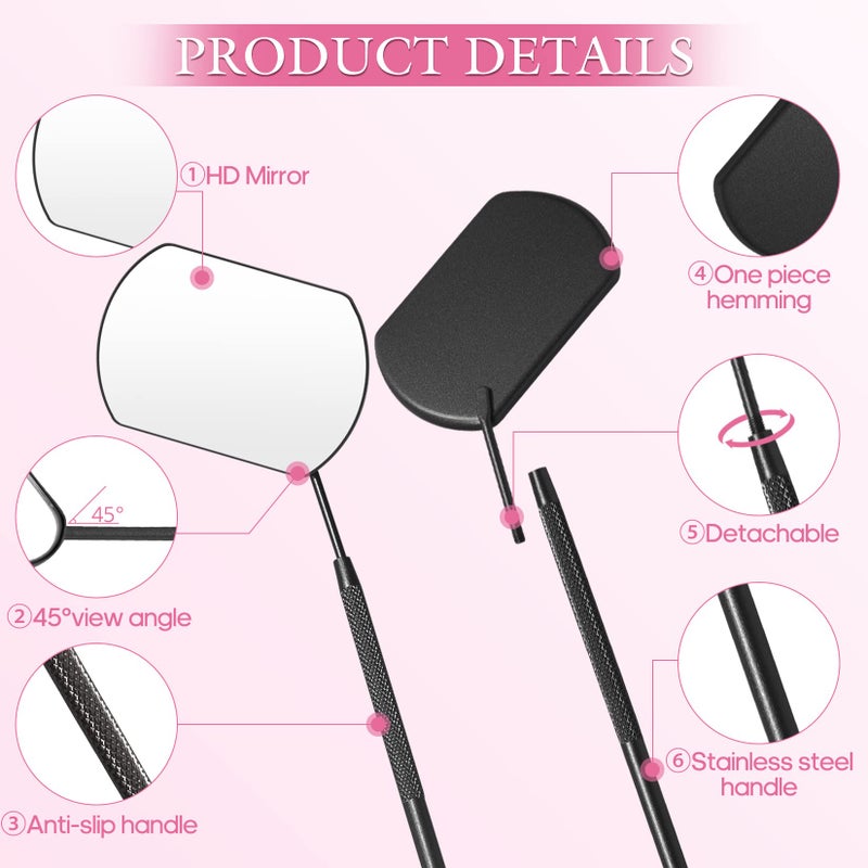 Buqikma Buqikma Large Lash Mirror for Eyelash Extension Detachable Stainless Steel Eyelash Makeup Mirror 45°Angle Design Hand Mirror Eyelash Extensions Accessories for Lash Supplies-Black  - Image 4