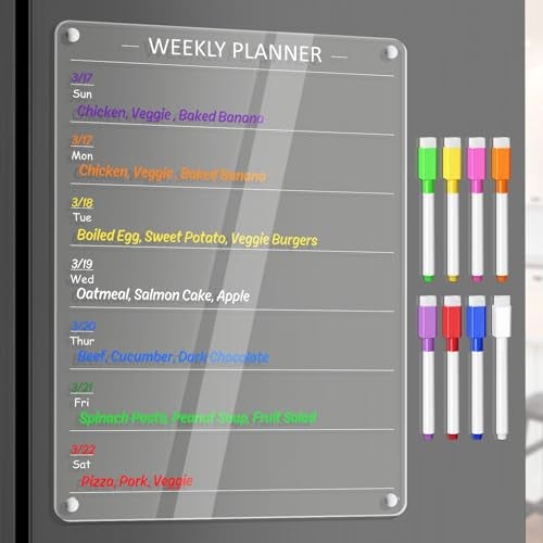 OORAII Acrylic Weekly Planner Board Meal Planner Magnetic Menu Board for Kitchen Fridge w 8 Markers Clear Weekly Calendar Planning Dry Erase Board Noteboard to Do Grocery Shopping List 12x9 - Image 3