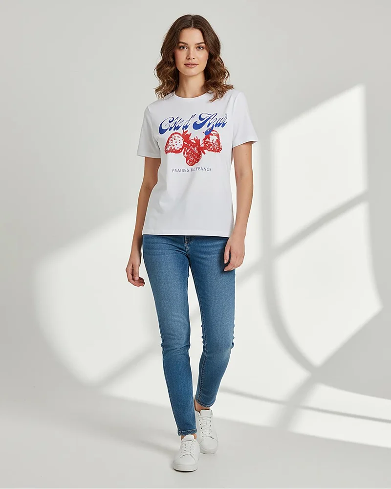Redtag Women White Graphic Crew Neck Short Sleeve T Shirt