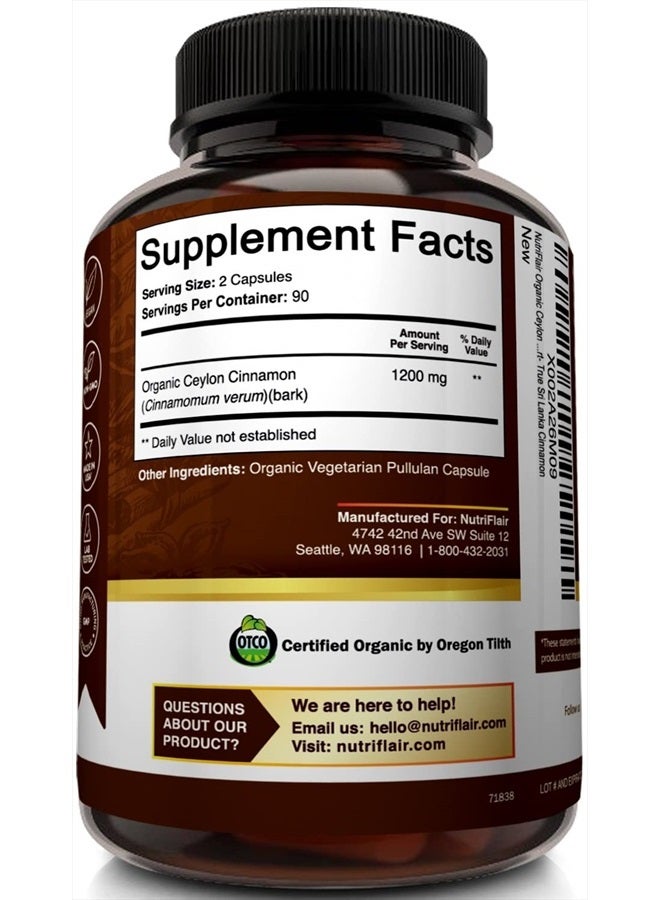NutriFlair Organic Ceylon Cinnamon, 1200mg - 180 Vegetarian Capsules - Image 2