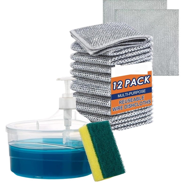 FIRAGE MultiPurpose Reusable Wire Double Layer Dishcloths Pack of 12 with Soap Dispenser and Sponge for Kitchen - Image 1