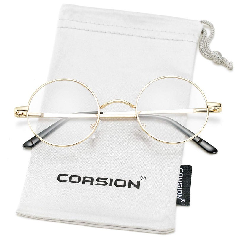 COASION Vintage Round Clear Glasses Small Metal Frame Non Prescription Lens Eyeglasses (Gold) - Image 2