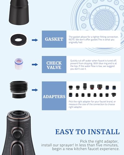 PerPaiMe Kitchen Faucet Replacement Spray Head - with 15 Adapters, Pull Down Faucet Sprayer with 3-Function Nozzle, Oil-Rubbed Bronze, Kitchen Sink Faucet Head Replacement - Image 2
