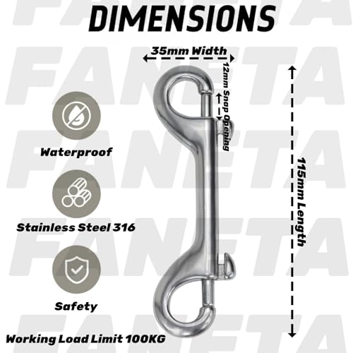Faneta 316 Stainless Steel Double Ended Bolt Snap Hook, Marine Grade Double End Diving Clips, Heavy Duty Trigger Chain Clip Key Holder for Pet Feed Bucket Hammock Horse Tack (2-Pack) (115mm Silver) - Image 4